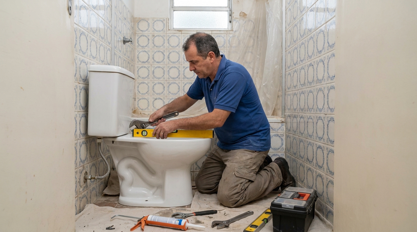 Técnico instalando vaso sanitário em Contagem‑MG